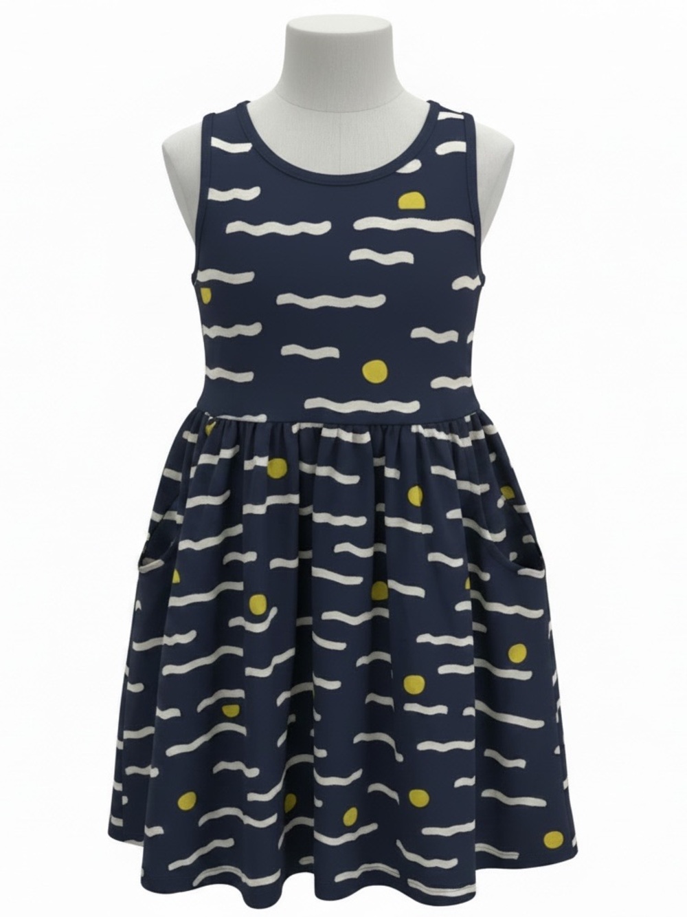 Hanna Andersson Navy Tank Dress with White Waves & Yellow Dots